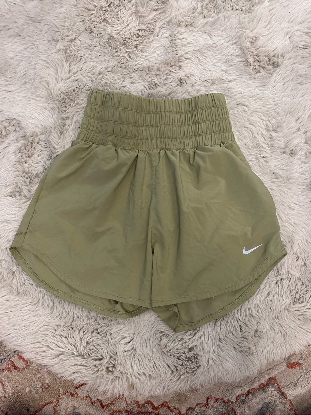 Nike Olive Green High-Rise Athletic Shorts with Smocked Waistband